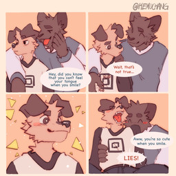 4_panel_comic anthro black_body black_eyes black_fur dialogue duo floppy_ears fur male text white_body white_fur hemuchang pots_(hemuchang) shin_(hemuchang) canid canine canis domestic_dog felid mammal pantherine 1:1 2022 comic english_text hi_res