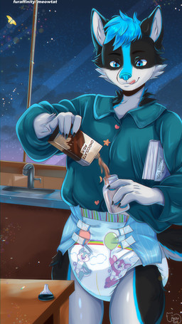 abdl anthro baby_bottle bedtime blue_eyes blue_hair candy chocolate chocolate_milk clothed clothing dessert diaper diaper_fetish flavored_milk food fur hair male milk padded pajamas solo wearing_diaper meowtat fan_character canid canine mammal absurd_res hi_res