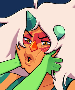 2_horns 5_fingers ambiguous_gender clothed clothing duo face_squish female fingers gem gem_nose green_body green_horn green_markings green_skin hair horn lips long_hair markings mostly_offscreen_character not_furry on_model open_mouth orange_body orange_skin red_markings squish striped_body striped_skin stripes teeth toony topwear white_hair discount-supervillain cartoon_network steven_universe steven_universe:_future jasper_(steven_universe) peridot_(steven_universe) alien alien_humanoid gem_(species) humanoid jasper_(gem_species) mammal peridot_(gem_species) quartz_(gem_species) uncorrupted_gem 5:6 digital_media_(artwork)