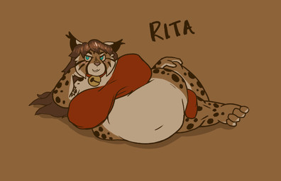 anthro bell bell_collar belly big_belly big_breasts blue_eyes blush bra breasts brown_background brown_body brown_fur brown_hair bulge clothing collar ear_tuft fur gynomorph hair intersex long_hair looking_at_viewer lying lying_on_ground markings narrowed_eyes obese on_ground on_side overweight overweight_anthro overweight_gynomorph overweight_intersex red_bra red_clothing red_underwear simple_background smile solo spots spotted_body spotted_fur teeth text tuft underwear white_body white_fur yoorik rita_(yoorik) felid feline lynx mammal character_name hi_res trans_(lore) trans_woman_(lore)