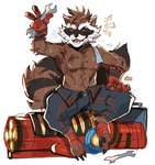 anthro bodily_fluids clothed clothing exposed_feet gloves grime handwear male solo sweat tools topless wrench graysheartart guardians_of_the_galaxy marvel marvel_rivals rocket_raccoon mammal procyonid raccoon absurd_res hi_res