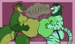 anthro anthro_pred belly belly_bump big_belly bodily_noises burping clothing dialogue digestion duo green_body hair jockstrap male male/male muscular noises onomatopoeia open_mouth oral_vore organs pecs rumbling_stomach simple_background size_difference smile sound_effects squirming stomach tail teeth text underwear vore cedarott gator_(streamer) invader_(invaderthegator) alligator alligatorid crocodile crocodilian felid hybrid lion lizard mammal pantherine reptile scalie tiger digital_media_(artwork) english_text hi_res