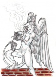 anthro beak beverage breasts brick_wall convenient_censorship covering covering_breasts covering_self feathered_wings feathers featureless_crotch female food front_view looking_at_viewer nude open_mouth pose solo spread_legs spreading standing tail tea wall_(structure) wings ebonytigress sheryn_brown mythology opalgryphon avian gryphon mythological_avian mythological_creature greyscale monochrome sketch spot_color traditional_media_(artwork)