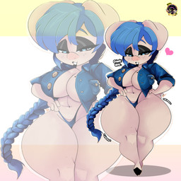 abstract_background anthro bedroom_eyes big_breasts big_ears black_eyeshadow blue_clothing blue_eyes blue_hair blue_jacket blue_thong blue_topwear blue_underwear braided_hair breasts cleavage_cutout clothed clothing curled_tail curvy_figure cutout dialogue eyelashes eyeshadow female floppy_ears freckled_face freckles hair hands_on_hips hands_on_own_hips heart_eyes heart_symbol hooves huge_hips huge_thighs jacket light-skinned_female light_body light_skin long_hair looking_at_viewer makeup markings mole_(marking) narrowed_eyes navel seductive short_hair skimpy smile solo tail talking_to_viewer text thick_thighs thong topwear underwear voluptuous voluptuous_anthro voluptuous_female wide_hipped_anthro wide_hipped_female wide_hips inkit89 patty_(inkit89) domestic_pig mammal suid suine sus_(pig) 1:1 2024 artist_name digital_drawing_(artwork) digital_media_(artwork) english_text hi_res watermark