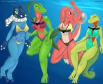 anthro bikini breasts camel_toe clothing female group one-piece_swimsuit pokemorph swimwear text two-piece_swimsuit underwater water skylosminkan nintendo pokemon charmeleon frogadier generation_1_pokemon generation_3_pokemon generation_6_pokemon grovyle pokemon_(species) treecko digital_media_(artwork) hi_res shaded url