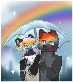 anthro casual_nudity duo lgbt_pride male male/male meteormutt nude pride_colors rainbow raining simple_background smile umbrella fury_(furythewolf) solus_(solusbean) canid canine canis hyena mammal wolf digital_media_(artwork) hi_res