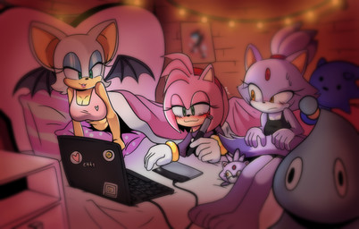 4_toes anthro barefoot bed bed_sheet bedding blush breasts cleavage clothed clothing computer detailed_background electronics feet female fur furniture gloves group hair handwear laptop lipstick makeup paws pillow pink_body plantigrade plushie ponytail purple_body purple_fur smile tan_body tan_skin toes trio white_body white_fur wings xao_art sega sonic_the_hedgehog_(series) amy_rose blaze_the_cat rouge_the_bat bat eulipotyphlan felid feline hedgehog mammal absurd_res hi_res signature
