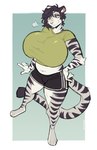 2023 absurd_res anthro big_breasts black_hair breasts clothed clothing felid female fur hair hi_res huge_breasts mammal pantherine simple_background smile solo standing strayserval striped_body striped_fur stripes tiger topwear white_body white_fur yiri_(milkand)