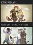 anthro bovid cane caprine clothed clothing comic diesel_wiesel duo english_text eyewear fangs female glasses goat group hi_res horn hybrid male mammal mustelid open_mouth otter simple_background smile standing teeth text trio two_panel_image