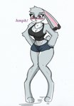 anthro big_breasts blush blush_lines bottomwear breasts clothing dipstick_ears ear_markings exclamation_point female fur grey_body grey_fur hmph multicolored_body multicolored_ears multicolored_fur pouting purple_eyes scut_tail short_tail shorts sleveless_shirt small_waist solo tail text thick_thighs tsundere two_tone_body two_tone_fur white_body white_fur wide_hipped_female wide_hips pace-maker disney zootopia judy_hopps lagomorph leporid mammal rabbit hi_res