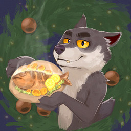 anthro casual_nudity christmas_decorations christmas_ornament christmas_wreath claws cooked_food cute_fangs ears_back eyebrows fangs food fur fuzzy grey_body grey_fur half-closed_eyes holding_food holding_object holding_plate holidays looking_at_viewer male narrowed_eyes ornament pivoted_ears plate smile solo steam tail teeth yellow_eyes felidaei christmas intermarche_unloved albert_(intermache_unloved) aquatic canid canine canis fish mammal wolf 1:1