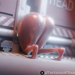 anthro butt female red_body red_skin solo stuck text through_wall wet theneedlewteam scp_foundation canid canine mammal scp-939 1:1 3d_(artwork) digital_media_(artwork) english_text hi_res
