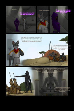 altar anthro black_body black_fur black_nose brown_body brown_fur clothed clothing column dialogue duo female fur green_eyes grey_body grey_fur group inside kneeling male melee_weapon nude outside plant polearm rock sculpture spear standing statue tent text tree weapon ipoke ishara canid canine canis felid feline mammal wolf 2:3 comic english_text hi_res