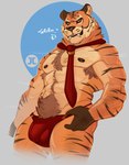 anthro armpit_hair body_hair bulge chest_hair chest_tuft clothing detailed_bulge fur hairy happy_trail male muscular muscular_male nipples orange_body orange_fur pubes striped_body stripes tail thong tuft underwear jumpy_jackal epic_games fortnite oscar_(fortnite) felid mammal pantherine tiger 2023 digital_media_(artwork) hi_res