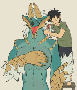 anthro big_breasts black_nose blue_body blue_eyes blue_fur breasts brown_body brown_horn brown_scales brush brushing claws covering covering_breasts duo eyelashes female front_view fur green_claws horn huge_breasts larger_female male nude one_eye_closed scales size_difference smaller_male tongue tongue_out white_body white_fur yolabayola1 capcom monster_hunter fanged_wyvern human mammal zinogre absurd_res hi_res