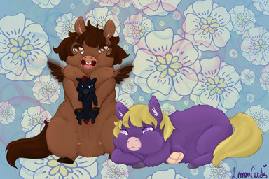 ambiguous_gender amputee black_body black_fur blonde_hair blue_eyes brown_body brown_eyes brown_fur brown_hair disability female feral floral_background flower fur genitals group hair missing_leg plant purple_body purple_eyes purple_fur trio vulva wings young young_feral lemoncurds fluffy_pony mythology equid equine fluffy_pony_(species) mammal mythological_creature mythological_equine pegasus hi_res signature