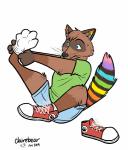 black_nose blue_eyes bottomwear brown_body brown_fur clothing footwear fur legwear multicolored_tail rainbow rainbow_tail shirt shoes shorts simple_background socks solo tail toe_outline topwear whiskers white_clothing white_footwear white_legwear white_socks strawbear dakotasoftpaw mammal procyonid raccoon