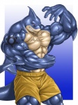 abs anthro athletic biceps big_muscles biped blue_background blue_body blue_skin bottomwear brown_body brown_skin clothed clothing dorsal_fin fangs fin flexing grin looking_at_viewer male markings muscular muscular_anthro muscular_male pecs pose red_eyes shorts simple_background smile smirk solo standing tattoo teeth topless vein white_background echin hazardbarzard samemaru_(hazardbarzard) fish marine shark 2012 hi_res