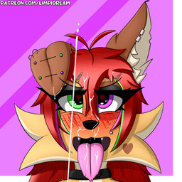 anthro blush bodily_fluids collar cum cum_in_mouth cum_inside cum_on_face fangs female floppy_ears freckles fur genital_fluids green_eyes hair heterochromia open_mouth piercing purple_eyes red_hair sex simple_background solo teeth tongue tongue_out limpidream lumi_star canid canine canis domestic_cat domestic_dog felid feline felis hybrid mammal 1:1 absurd_res digital_media_(artwork) hi_res