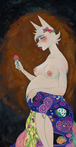 anthro blush breasts clothing convenient_censorship eyes_closed female flower flower_crown freckles hand_on_belly holding_flower holding_object lips pattern_clothing plant pregnant pubes rose_(flower) solo tuft gustav_klimt paisleyrose103 pink_among_blood_red_roses cybeles_paisley canid canine canis mammal wolf absurd_res digital_media_(artwork) hi_res