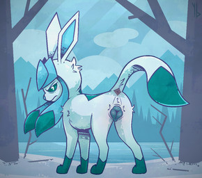 animal_genitalia animal_vulva anus black_vulva blue_body blue_eyes blue_fur blue_vulva canine_genitalia canine_vulva digitigrade feet female feral frown fur genitals gloves_(marking) green_body green_fur leg_markings looking_at_viewer looking_back looking_back_at_viewer markings narrowed_eyes outside plant presenting presenting_vulva quadruped raised_tail rear_view red_anus river socks_(marking) solo tail tree vulva yaldabroth nintendo pokemon canid eeveelution generation_4_pokemon glaceon mammal pokemon_(species)