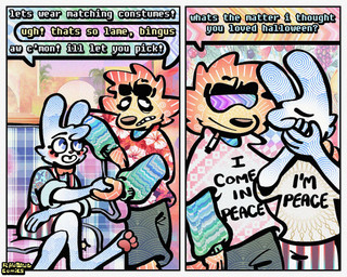 2_panel_comic aloha_shirt anthro bottomwear bow_tie cheek_spots cigarette cigarette_in_mouth clothing dialogue duo embarrassed eyewear floppy_ears fur humor male object_in_mouth overalls pattern_clothing pattern_shirt pattern_topwear pawpads paws pink_pawpads shirt shorts smile smirk smoking_tobacco smug smug_face speech_bubble sunglasses t-shirt teeth text tooth_gap topwear white_body white_fur wide_eyed yellow_body yellow_fur rawdawgcomics bingus_(rawdawgcomics) stahli_(rawdawgcomics) bird_dog canid canine canis domestic_dog golden_retriever hunting_dog lagomorph leporid mammal rabbit retriever 5:4 comic english_text hi_res