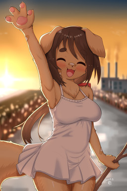 4_fingers anthro blush breasts brown_body brown_fur brown_hair brown_tail clothing dress eyes_closed factory female female_anthro fingers floppy_ears folded_ears fur gesture hair kemono long_hair open_mouth pawpads paws smile solo stick tail waving white_clothing white_dress horokusa0519 canid canine canis domestic_dog mammal 2025 hi_res