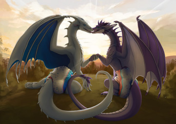 ambiguous_gender claws clothing diaper duo ear_piercing ear_ring feral french_kissing grass hand_holding horn kissing open_mouth piercing plant ring_piercing sitting sunset tail teeth tongue tree wings hindy-poo mythology dragon mythological_creature mythological_scalie scalie