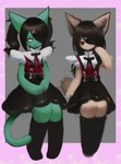 3_fingers accessory anthro bangs black_bottomwear black_clothing black_eyes black_hair black_knee_highs black_ribbon black_skirt bottomwear brown_hair brown_nose brown_pupils cat_tail clothing cosplay duo ears_up eye_bags eyelashes featureless_feet feet female fingers fluffy fluffy_tail frown fur green_body green_ears green_tail hair hair_accessory hairclip heart_symbol kemono knee_highs legwear long_hair long_tail looking_aside looking_at_viewer narrowed_eyes no_pupils one_eye_obstructed open_mouth pigtails prick_ears pupils raised_arm red_clothing red_topwear ribbons sitting skirt solo stockings suspenders tail tan_body tan_ears tan_fur tan_tail tired topwear unusual_pupils white_clothing white_eyes white_topwear hasukii needy_streamer_overload hazuki_mikami_(hasukii) mynt_(kittery) canid canine felid feline mammal absurd_res hi_res unfinished