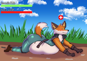 anthro belly blush bodily_fluids clothed clothing dirt fur gloves grass green_clothing handwear inflation lying_on_ground male morbidly_obese morbidly_obese_anthro morbidly_obese_male nervous nervous_sweat obese obese_anthro obese_male on_ground open_clothing open_shirt open_topwear orange_body orange_fur outside overweight overweight_anthro overweight_male plant shirt solo spikes sweat tail thick_thighs topwear white_body white_fur yellow_eyes v1sage epic_games fortnite fennix_(fortnite) canid canine fox mammal red_fox true_fox absurd_res hi_res