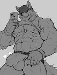 abs anthro biceps body_hair bulge canid canine cellphone chest_tuft clothing detailed_bulge electronics fur greyscale happy_trail hat headgear headwear hi_res jockstrap male male_anthro mammal meocondainhan monochrome muscular muscular_anthro muscular_male nipples phone solo tuft underwear