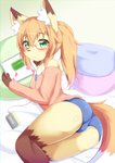 anthro bed blush brown_body brown_fur bulge eyewear femboy fur furniture glasses green_eyes hair looking_at_viewer lying male on_side orange_hair pillow solo yellow_body yellow_fur an_chobi94 remu-kun canid canine fox mammal 2020 hi_res