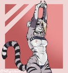 anthro arms_above_head blonde_hair blue_eyes breasts clothing cute_fangs female fur grey_body grey_fur hair nipples one-piece_swimsuit solo standing stretching striped_body striped_fur stripes swimwear translucent translucent_clothing translucent_swimwear tigerinspace gris_swimsuit meme_clothing felid mammal pantherine tiger hi_res meme