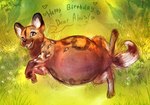 4_toes belly big_belly birthday black_nose black_spots brown_body brown_eyes brown_fur brown_pawpads brown_stripes dialogue fangs feet female feral fluffy fluffy_tail fur grass happy_birthday heart_symbol inner_ear_fluff looking_at_own_belly markings multicolored_body multicolored_fur open_mouth open_smile outside pawpads paws plant pregnant pregnant_female pregnant_feral pupils quadruped smile solo spots spotted_body spotted_fur striped_markings striped_tail stripes tail tail_markings tan_tongue teeth text thin_eyebrows toes tongue tuft two_tone_tail white_inner_ear_fluff white_pupils white_tail black_kitty african_wild_dog canid canine mammal 2012 artist_name colored colored_sketch dated digital_drawing_(artwork) digital_media_(artwork) english_description english_text shaded sketch
