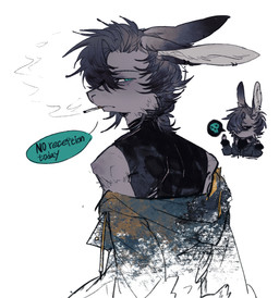 black_clothing black_underwear cigarette clothing grey_body male sleeveless_clothing smoking smoking_cigarette solo speech_bubble underwear crude_cyan sote lagomorph mammal hi_res
