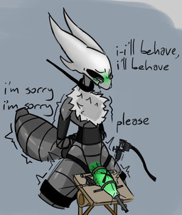 anthro apology arms_tied arthropod_abdomen biped black_body black_eyes bodily_fluids bound cock_and_ball_torture erection forced genital_torture genitals green_penis grey_background leash legs_tied neck_tuft no_pupils object_in_urethra penetration penis simple_background solo sounding_rod tattoo tattooing tears text tuft urethral urethral_penetration white_mask hallowed_knight_34 hollow_knight_(franchise) team_cherry bandit_(hallowed_knight_34) arthropod vessel_(species) english_text hi_res
