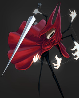 2_horns 6_arms ambiguous_gender biped black_body black_eyes clothing grey_background holding_melee_weapon holding_object holding_weapon hood horn melee_weapon multi_arm multi_limb red_clothing simple_background solo weapon pikefish hollow_knight_(franchise) team_cherry hornet_(hollow_knight) arthropod 2025 hi_res female_(lore)