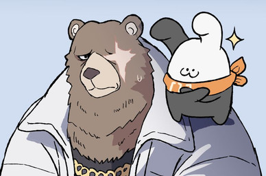 :3 anthro brown_body brown_fur chibi clothing duo facial_scar fur jacket jewelry kerchief machine male missing_eye neckerchief necklace neckwear scar topwear white_clothing white_jacket white_topwear ryuulabo mihoyo zenless_zone_zero ben_bigger eous_(zenless_zone_zero) bangboo bear mammal robot