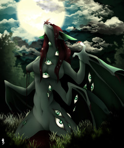 4_arms anthro blood bodily_fluids breasts cloud detailed_background featureless_breasts featureless_crotch female forest full_moon glistening glistening_hair gore grass green_body green_ears green_eyes hair kneeling light long_ears long_hair membrane_(anatomy) membranous_wings moon moonlight multi_arm multi_eye multi_limb nature nature_background navel night nightmare_fuel nude outside plant red_hair severed_body_part sky solo tree winged_arms wings taiga-blackfield belladonna_(froja_blake) bat mammal monster absurd_res hi_res