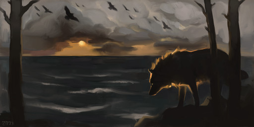 cliff cloud cloudy_sky dark darkness feral grey_cloud light moody_lighting plant quadruped sea sky solo sun sunlight tree water wave alexpahomov ambient_bird canid canine canis mammal wolf 2021 2:1 absurd_res digital_media_(artwork) digital_painting_(artwork) hi_res painting_(artwork)