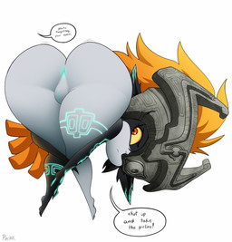 anus bent_over butt butt_heart dialogue embarrassed female genitals looking_back mooning motion_lines nude offscreen_character pouting shaking_butt solo speech_bubble technically_nude text vulva p0stalk nintendo praise_da_booty_(meme) the_legend_of_zelda twilight_princess midna humanoid imp twili absurd_res english_text hi_res meme