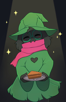 anthro black_body black_fur blush clothing cutlery dessert eyes_closed eyewear food fork front_view fur glasses hat headgear headwear heart_(marking) holding_object horn kitchen_utensils looking_at_viewer male markings pastry pie plate robe scarf simple_background smile solo sparkles sparkling_character spotlight standing tools witch_hat conditional_dnp pinkcappachino deltarune undertale undertale_(series) ralsei bovid caprine darkner goat mammal 2021 absurd_res digital_media_(artwork) hi_res
