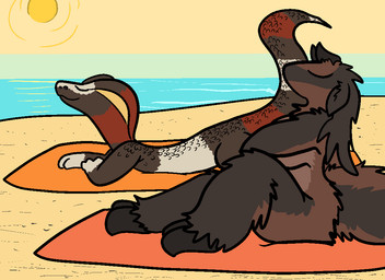 anthro beach breasts detailed_background duo eyes_closed female fur mouthless nude outside sand seaside sky sunbathing water trout_(artist) cocoa_(trout) anteater bovid caprine goat hybrid mammal pilosan reptile scalie snake xenarthran 11:8 2017 aliasing digital_media_(artwork)