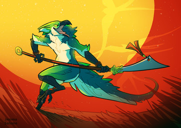 4_toes action_pose ambiguous_gender anisodactyl anthro avian_feet beak biped black_beak bracelet chest_tuft claws digitigrade evil_face feather_tuft feathers feet fighting_pose front_view glaive grass green_body green_feathers green_tail holding_object holding_weapon jewelry long_tail low-angle_view melee_weapon multicolored_body multicolored_feathers neck_tuft nude on_one_leg open_beak open_mouth open_smile outside pink_tongue plant polearm pose raised_leg scuted_arms scutes smile solo standing sun tail tail_feathers talons toe_claws toes tongue tuft two_tone_body two_tone_feathers two_tone_tail war_cry weapon white_body white_feathers white_tail yelling yellow_sclera oxboxer avian unknown_species 2017 digital_drawing_(artwork) digital_media_(artwork) warm_colors
