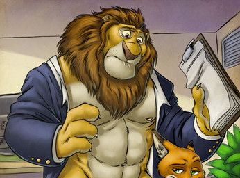 abs anthro duo male mane muscular muscular_male nipples obliques pecs ribs solo_focus furryrevolution disney zootopia leodore_lionheart nick_wilde canid canine felid fox lion mammal pantherine red_fox true_fox cropped preview