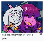 anthro armband blush bodily_fluids border clothed clothing detailed_background duo eyewear female glasses happy horn humor male smile spiked_armband spikes sweat sweatdrop text white_border angusburgers deltarune undertale_(series) wikipedia ralsei susie_(deltarune) bovid caprine dinosaur goat mammal prehistoric_species reptile scalie 2022 english_text hi_res