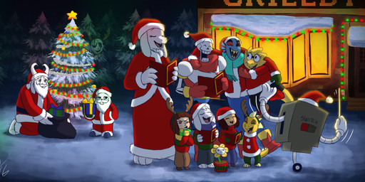 anthro antlers barefoot beard bone christmas_clothing christmas_headwear clothing dark evergreen_tree facial_hair fangs feet fur gift group hat headgear headwear holidays horn large_group long_ears machine night outside pine_tree plant santa_coat santa_hat scarf singing skeleton snow teeth tree white_body white_fur winter tc-96 christmas undertale undertale_(series) alphys asgore_dreemurr asriel_dreemurr chara_(undertale) flowey_the_flower frisk_(undertale) gaster mettaton monster_kid papyrus_(undertale) sans_(undertale) santa_claus toriel undyne animated_skeleton aquatic boss_monster_(undertale) bovid caprine elemental_creature fish flora_fauna goat human humanoid lizard mammal reptile robot scalie undead hi_res