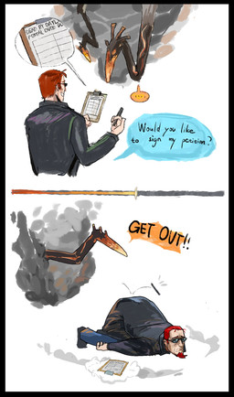 ambiguous_gender asking asking_another bent_arm black_body black_border black_eyewear black_skin black_sunglasses black_trenchcoat blue_bottomwear blue_clothing blue_pants border bottomwear clipboard clothing dialogue duo ellipsis exclamation_point eyebrows eyewear facial_hair goatee hair holding_clipboard holding_object holding_pen light lying male male_human motion_lines multicolored_body multicolored_skin not_furry on_front pants paper pen petition question red_eyebrows red_facial_hair red_goatee red_hair sad short_hair smile smiling_at_another smoke speech_bubble standing sunglasses text yelling yelling_at_another fygoggles dead_by_daylight postal_(series) postal_dude the_entity_(dead_by_daylight) celestial_being human mammal 2026 colored comic crossover digital_drawing_(artwork) digital_media_(artwork) english_text hi_res lighting shaded