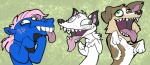 ambiguous_gender feral glamfur green_eyes grey_eyes group hair hooves open_mouth pink_hair short_hair simple_background teeth tongue zeriara dreamaria silverwing canid canine canis domestic_dog equid equine herding_dog horse mammal pastoral_dog sheepdog shetland_sheepdog source_request