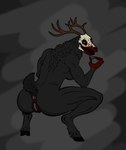 anthro antlers anus black_body black_fur blood blood_in_mouth blood_on_face blood_on_hand bodily_fluids bone breasts butt claws crouching female fur genitals hooves horn looking_at_viewer looking_back looking_back_at_viewer neck_tuft nightmare_fetish_fuel pussy raised_tail rear_view red_eyes scut_tail short_tail side_boob simple_background skull skull_head solo tail teeth thick_thighs tuft majoridiocy american_mythology indigenous_north_american_mythology mythology north_american_mythology nayelli_(majoridiocy) wendigo hi_res